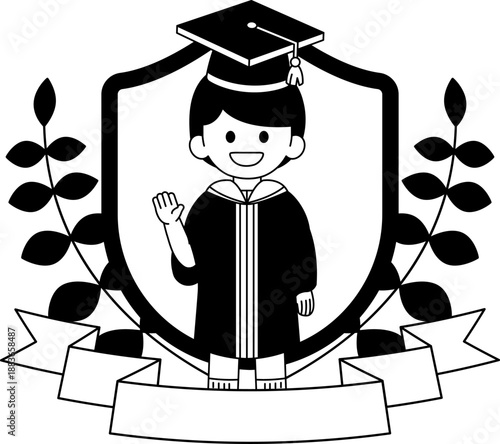 black and white illustration of The logo of a young man in a graduation gown