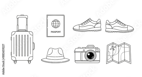 Travel icons set including luggage, shoes, hat, camera and passport