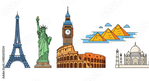 Collection of famous landmarks from around the world in a row
