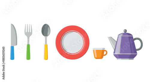 Colorful tableware and cutlery set
