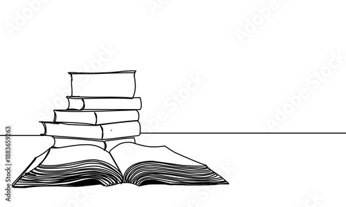 One continuous line banner of openflying books. Education and knowledge library concept in simple line style. Doodle vector illustration