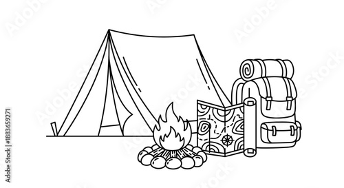 Camping gear with tent, campfire, sleeping bag, and backpack on a plain surface