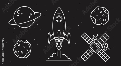 Vector illustration of space objects including a rocket and planets