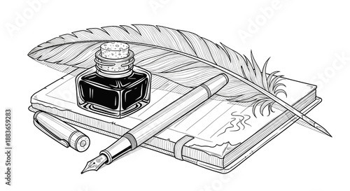 Vintage inkwell and quill pen on closed book