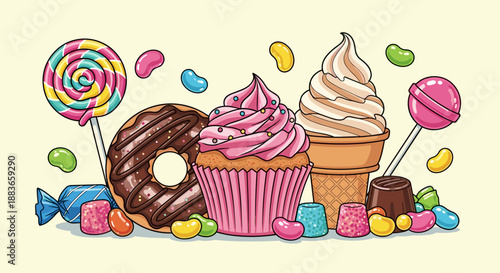Colorful sweets and desserts including cupcake and ice cream on pale yellow background