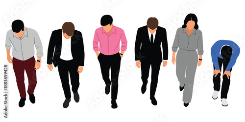 Set of 6 people top view characters for architectural site plans, diverse men and woman in casual and formal attire for aerial view landscape design and urban planning.
