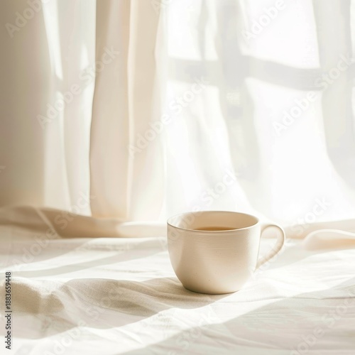 minimalist aesthetic photo of coffee cup on neutral background, warm pastel color palette in white, ivory and beige tones