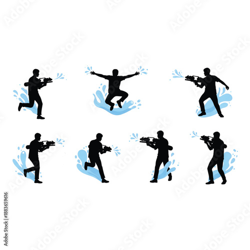 Silhouette of men running and jumping with guns and water splashes