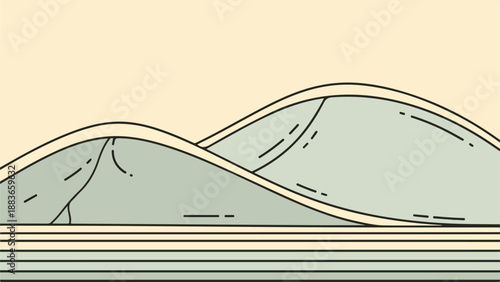 Minimalist landscape illustration of two overlapping hills with muted earthy tones and light blue-green accents