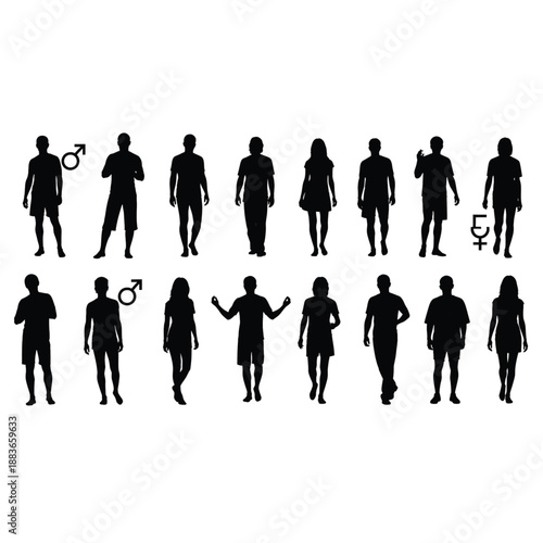 Diverse group of people silhouettes in various poses and gender symbols