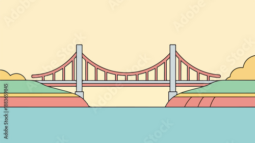 Modern suspension bridge with twin towers over calm water at sunrise or sunset