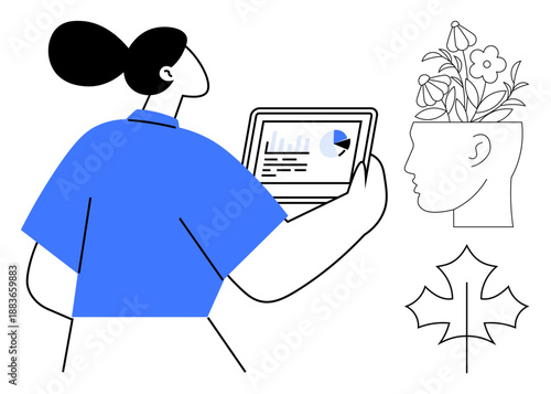 Woman holding a tablet displaying data. Beside her, a head with flowers symbolizes creativity and growth. Ideal for data analysis, innovation, education, creativity, growth mindset, self-improvement