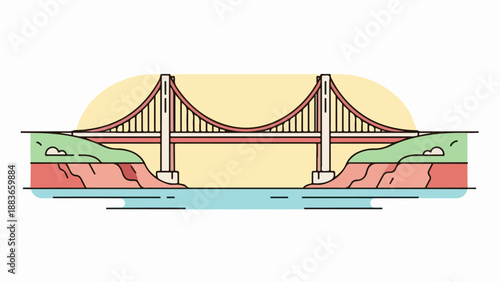 Suspension bridge spanning between two landmasses with light brown towers and dark cables