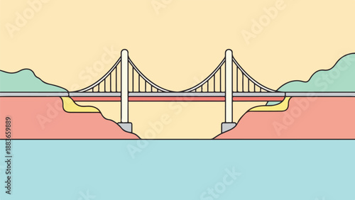 Modern suspension bridge spanning tranquil light blue water with green hills and orange sky at sunrise or sunset