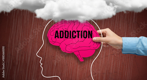 Overcoming addiction: a hand removes the word 'addiction' from a brain inside a cloud