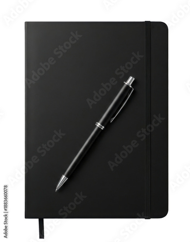 Black Notebook with Pen Isolated on Transparent Background