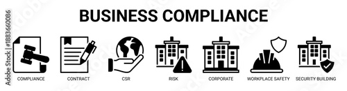 Business Compliance web banner icon vector illustration concept with icon of Compliance, Contract, Corporate Social Responsibility, Risk, Corporate, Workplace Safety, and Security Building.