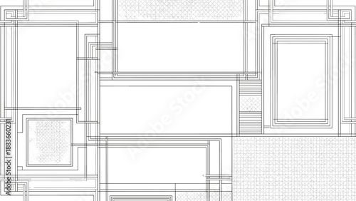 Architectural blueprint with various rectangular rooms and corridors