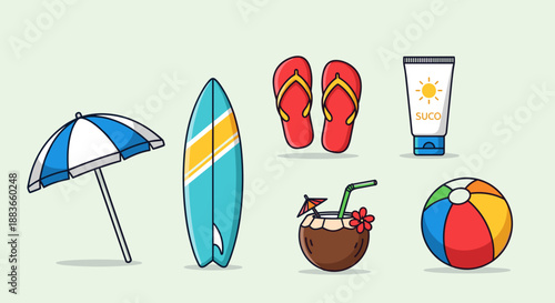 Summer vacation icons including beach items and accessories
