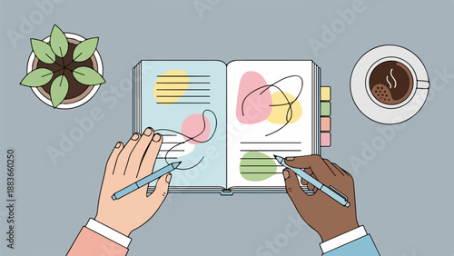 Two hands of different skin tones collaborating on an open book with abstract shapes and colorful tabs, flanked by a potted plant and a cup of coffee