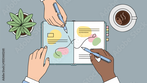 Two people brainstorming over a light blue notebook with colorful shapes and lines in a collaborative workspace