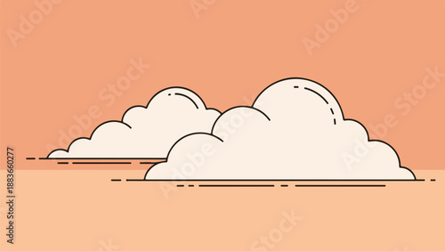 Minimalist illustration of soft fluffy clouds in a warm peach-hued sky with a dashed horizon line