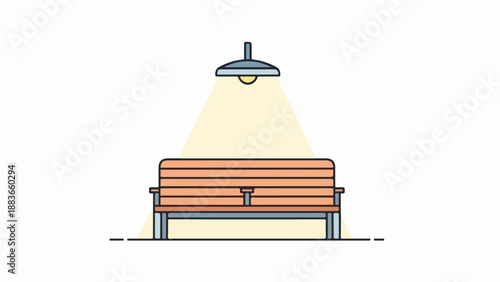 Wooden bench under a cylindrical street lamp in a minimalist urban setting at night