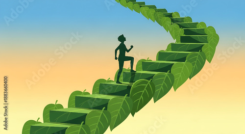 Green staircase with person climbing up towards a bright future representing growth and ambition