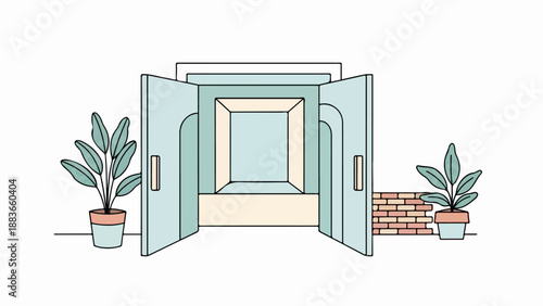 Serene indoor scene with open doorway, potted plants, and square window