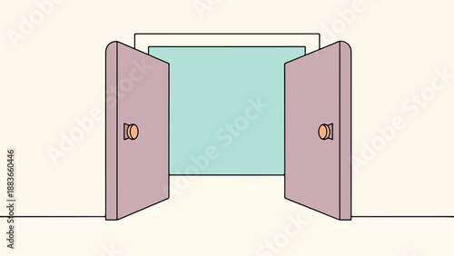 Minimalist interior with two purple doors slightly ajar revealing a softly lit blue room