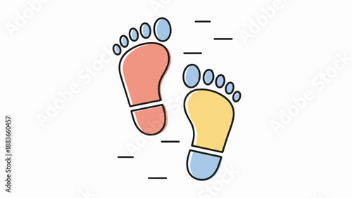 Minimalist illustration of two stylized footprints in pink and yellow on a light gray background