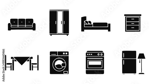 Vector illustration of black silhouette home furniture and appliances icons set, on transparent background