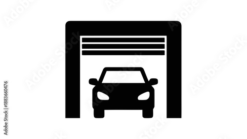 Vector illustration of, on transparent background, a car parked inside an open garage design