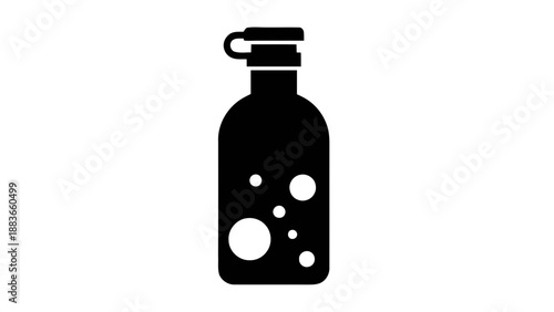 Vector illustration of a stylish black beverage bottle with sparkling contents, on transparent background