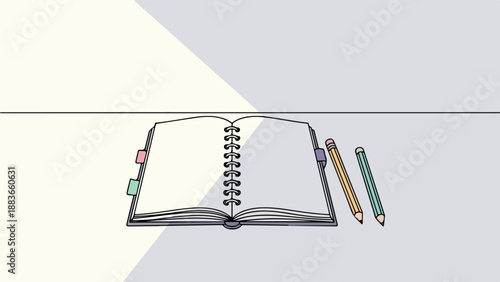 Spiral-bound notebook with red and green tabs, yellow pencil, and blue pen on a neutral gradient background