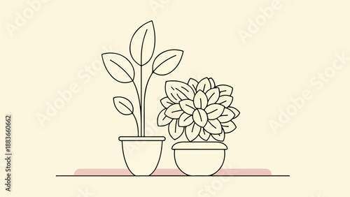 Minimalist line drawing of two potted plants on a flat surface