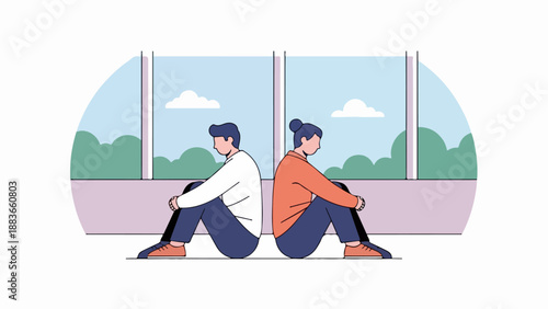 Two people seated by a window overlooking green hills in a detailed illustration