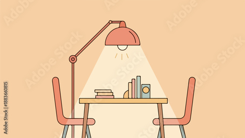 A well-lit workspace with a wooden desk, books, and a cylindrical speaker, featuring two reddish-brown chairs