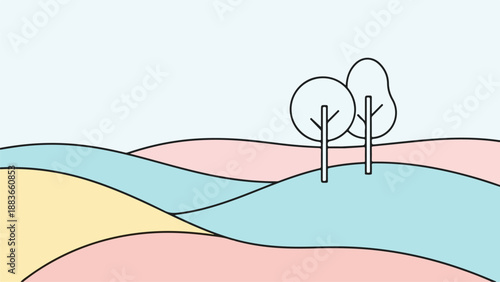 Minimalist landscape illustration with abstract trees and soft pastel colors