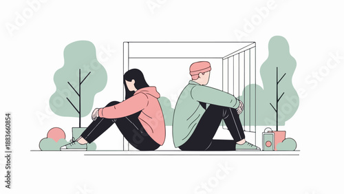 Two people sitting outdoors in a minimalist scene with trees and natural lighting