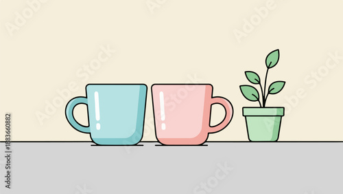 Two ceramic mugs, one light blue and one muted pink, with a small potted plant on a neutral gray surface