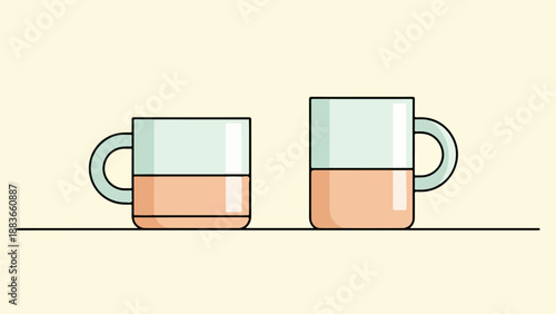 Two identical mugs with light green handles and layered beverages on a neutral surface