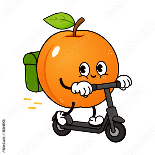 Apricot fruit character delivering food on scooter
