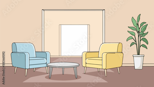 Modern living room interior with two armchairs, coffee table, and potted plant