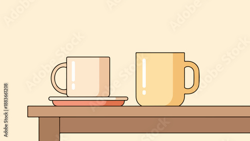 Two contrasting mugs on a rustic wooden table with a neutral beige background