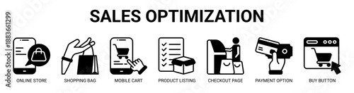 Sales Optimization web banner icon vector illustration concept with icon of online store, shopping bag, mobile cart, product listing, checkout page, payment option, buy button.