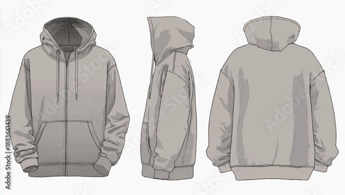A detailed illustration of a gray hoodie showcasing front, side, and back views.