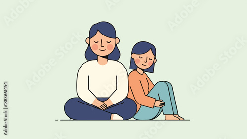 Minimalist illustration of two females with blue hair seated closely together in a studio setting