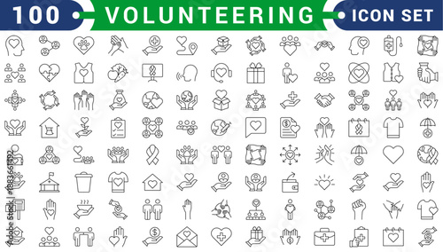 Volunteering and charity web icons in line style. Donate, donor, doctor, care, help, support, collection. Vector illustration.