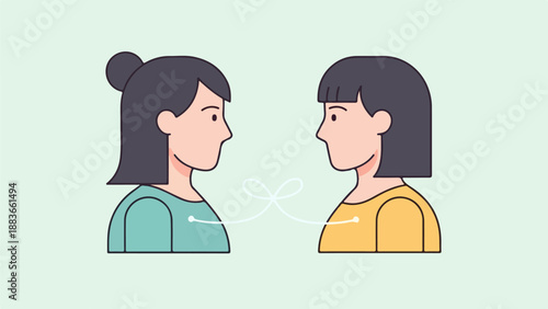 Two female figures standing side by side with a flowing white line connecting them